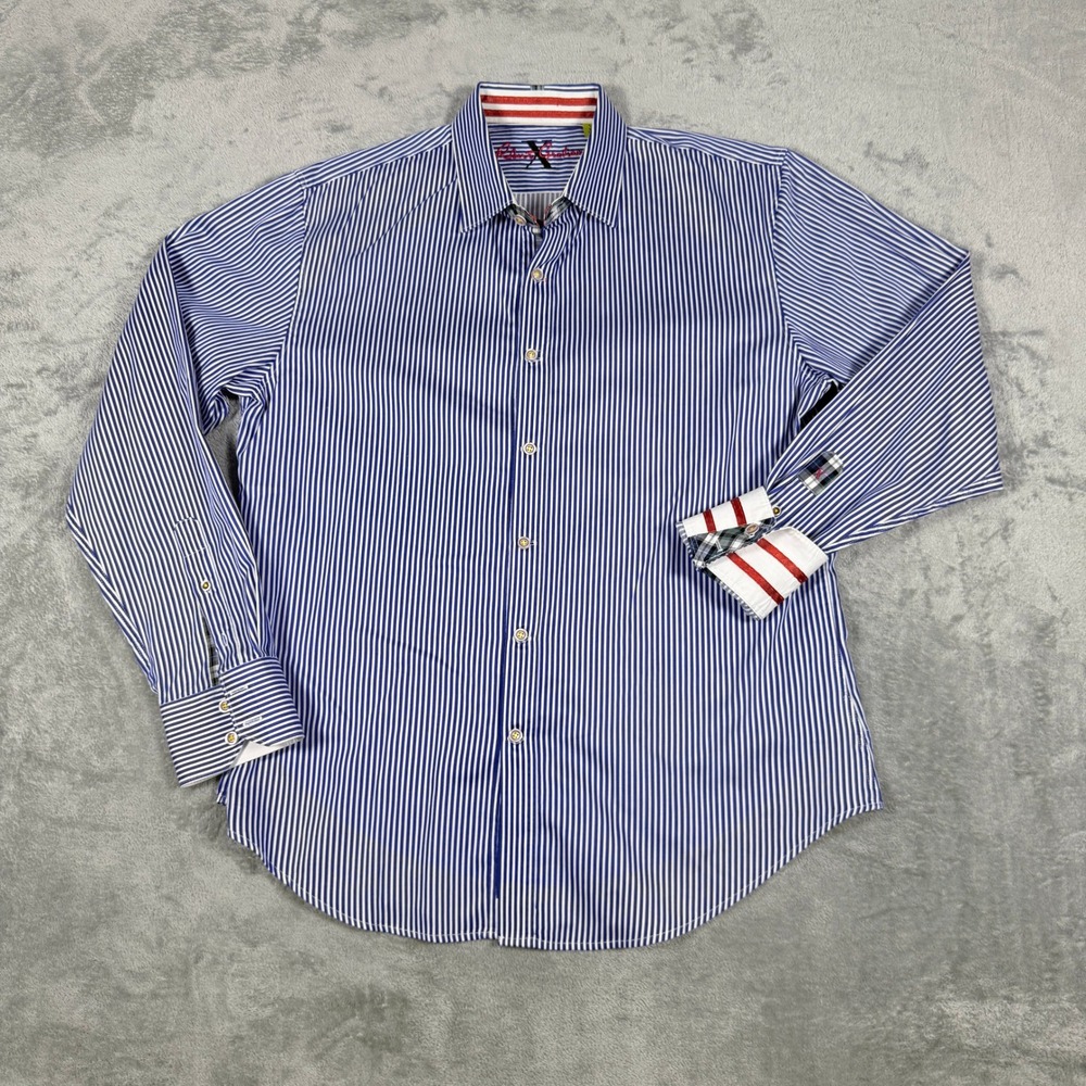 Robert Graham Mens XL Slim Fit Button Down Shirt Blue White Striped Cuff